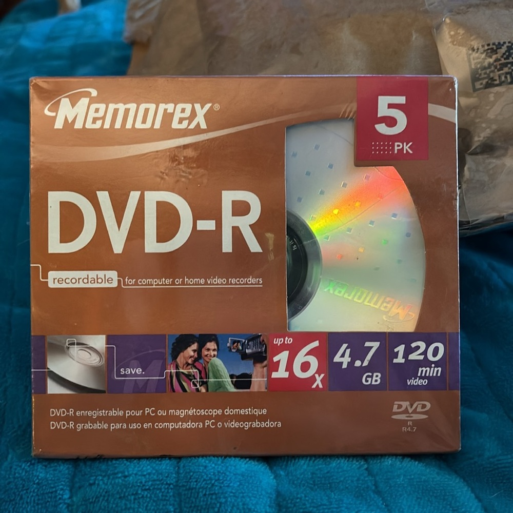 DVD-R 5 Pack! Pack of 5 - Memorex DVD-R Recordable 16X 4.7GB 120 Min, unopened